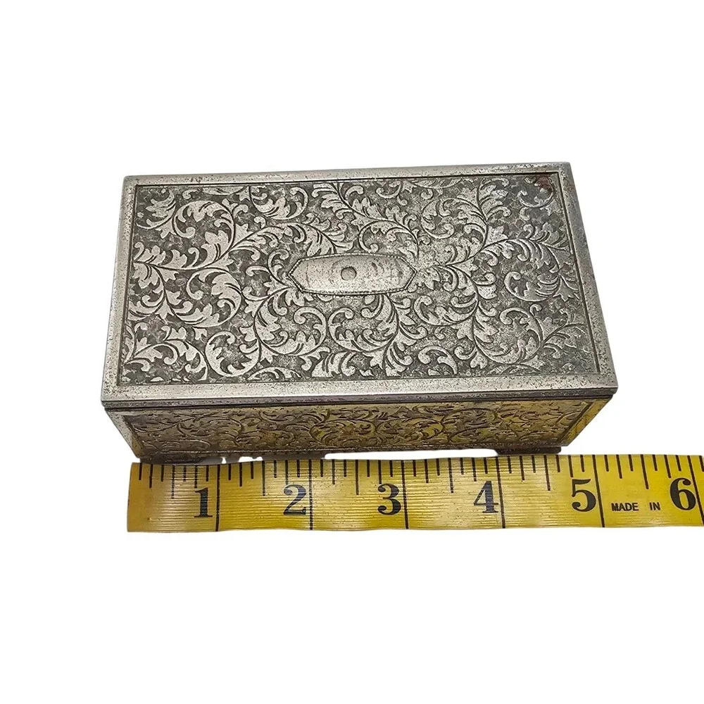 Vintage Ornate Silver Metal Decorative Music Box with Intricate Floral Engraving